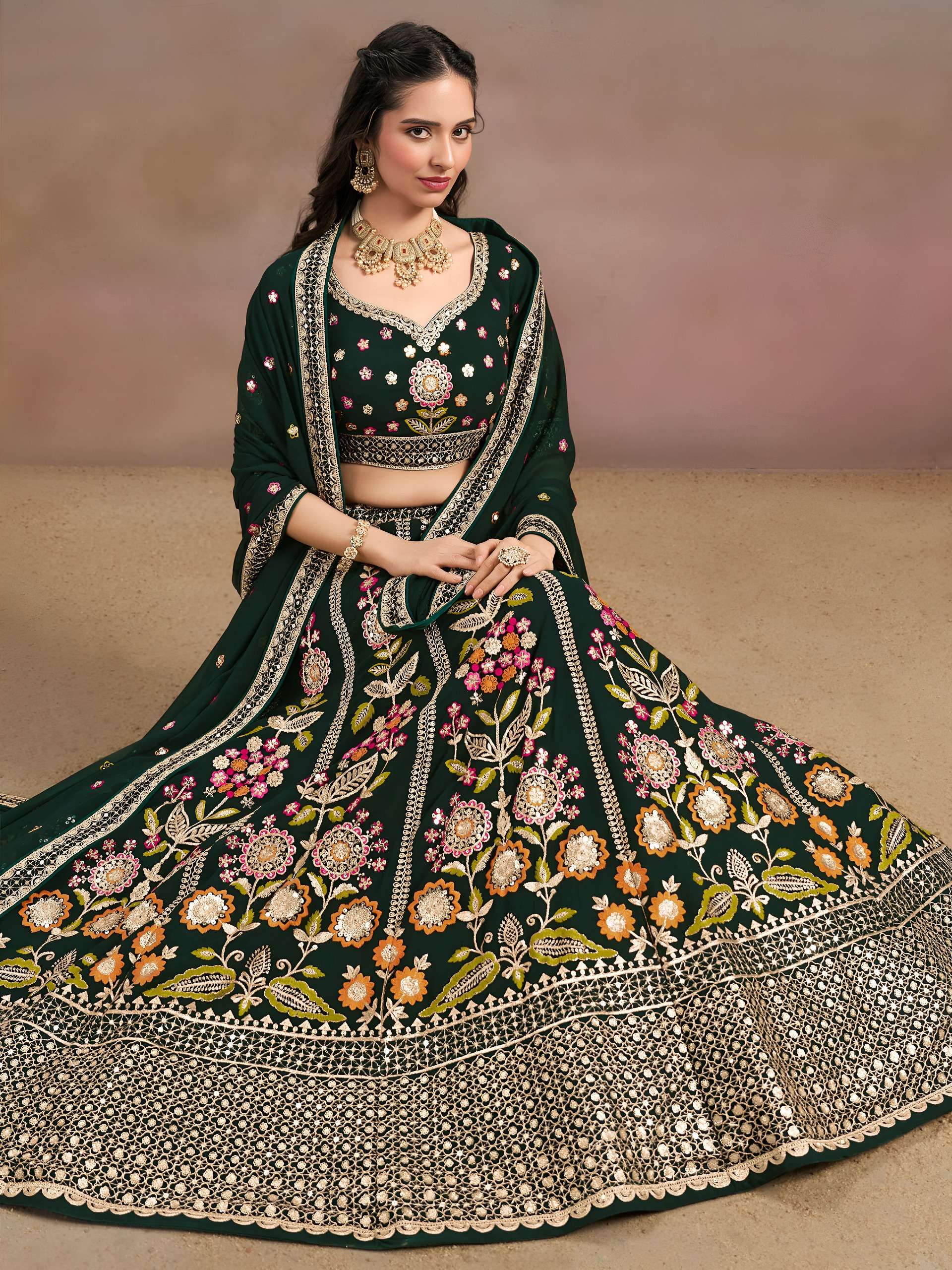 Bottle Green Multicolor colour Georgette and Floral fabric with Embroidered work Lehenga choli wholesale in surat 6008 Green 